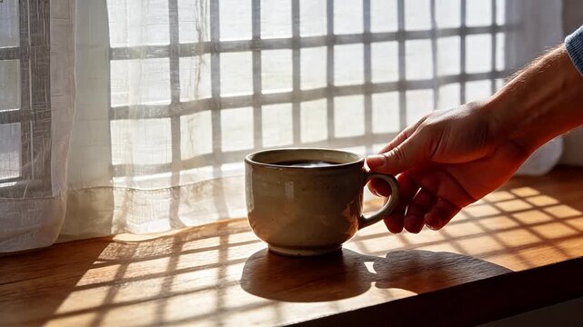 Ceramic coffee cup on wooden windowsill with sunlight
