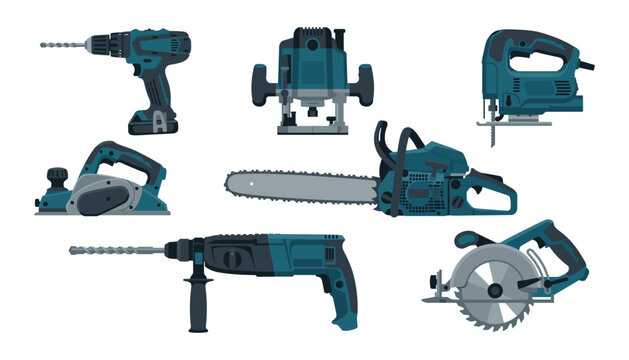 Set of professional blue power tools including drill jigsaw circular saw and chainsaw isolated on white background vector illustration