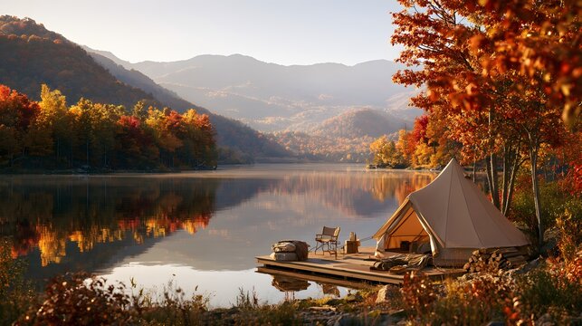 Autumn camping scene with tent on a wooden dock by a calm lake surrounded by colorful fall trees