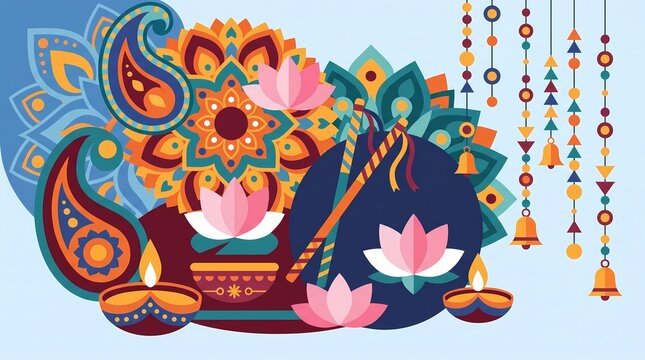 Navratri celebration vector illustration with ornate mandala, pink lotus flowers, diya lamps, dandiya sticks, paisley motifs and hanging bells on a light blue background for festival greetings.