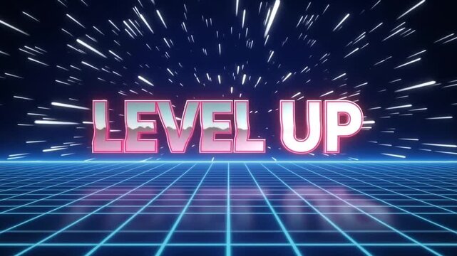 Futuristic neon Level Up text sign in synthwave cyber space background for gaming and success concept.
