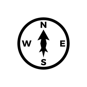 Black navigation compass icon with cardinal directions north south east west isolated on transparent background for travel mapping wayfinding adventure activities.