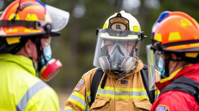 Emergency responders in safety gear discussing operation in outdoor setting during disaster response training exercise