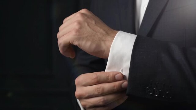 Close Up Business Hands Adjusting Suit Cufflink Copy Space