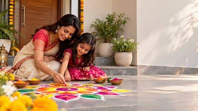 Mother and Daughter Drawing Colorful Rangoli Pattern for Diwali Celebration