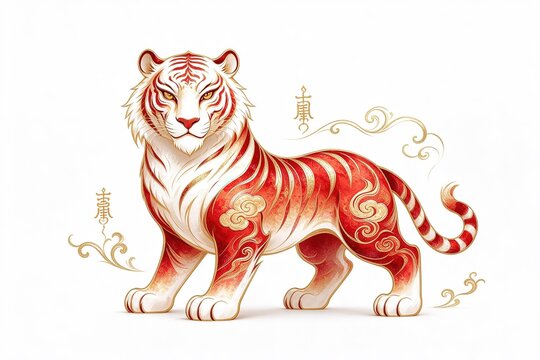 Red And White Tiger With Gold Accents Chinese Zodiac Stylized Golden Calligraphy