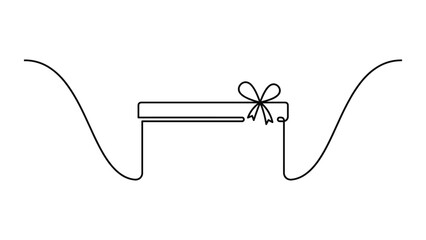 Obraz premium A continuous line art drawing of a gift box with a bow and decorative swooping lines on either side.