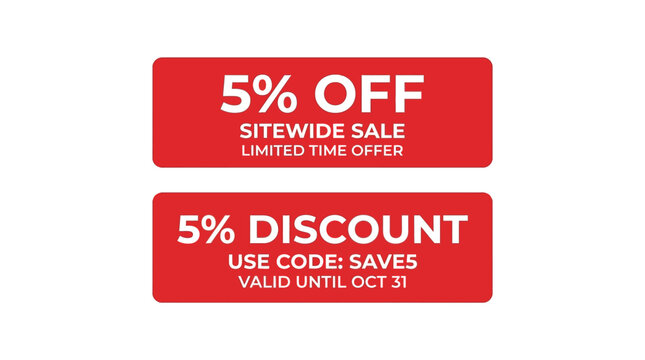 Red 5 percent off and discount coupon ribbon vector design with save code text for online shop limited time offer sale banner template