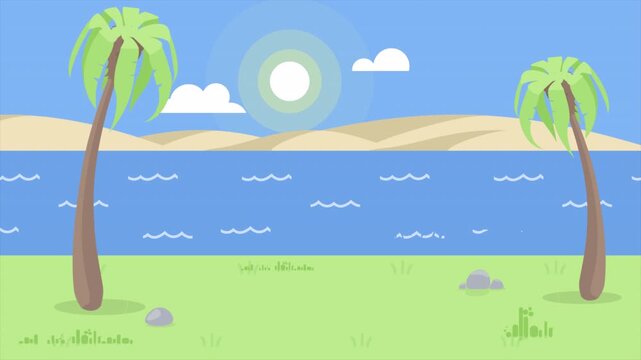 Summer tropical island loop background with palms, sun, and blue sea. Seamless looping paradise scene perfect for holiday videos, resort loops, and beach presentations.
