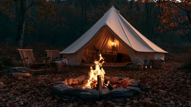 Relaxing fall camping setup with bright campfire, white bell tent, and chairs among trees