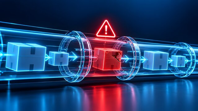 Transparent digital data pipeline transporting glowing cubes with a damaged red package triggering a warning sign illustrating supply chain disruption.