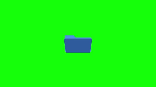 3D animated blue folder opening and vanishing into particles on a green screen background