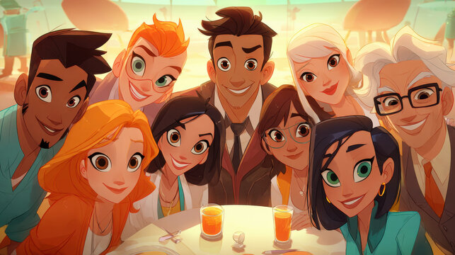 Diverse group of cartoon friends smiling together at a table