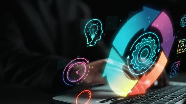 Futuristic Digital Interface with Business Icons on Laptop Reflecting Innovative Technology and Data Analysis in a Modern Workspace Sigmoid