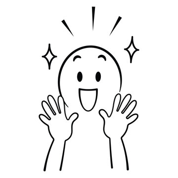 Excited Happy Face Character With Raised Hands and Sparkle Stars
