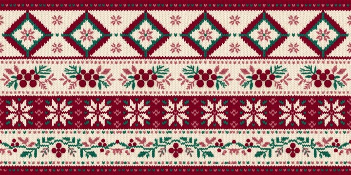 Traditional Fair Isle knit texture seamless border with snowflakes, holly berries, and geometric shapes in a cozy, festive holiday design for a Christmas sweater background.