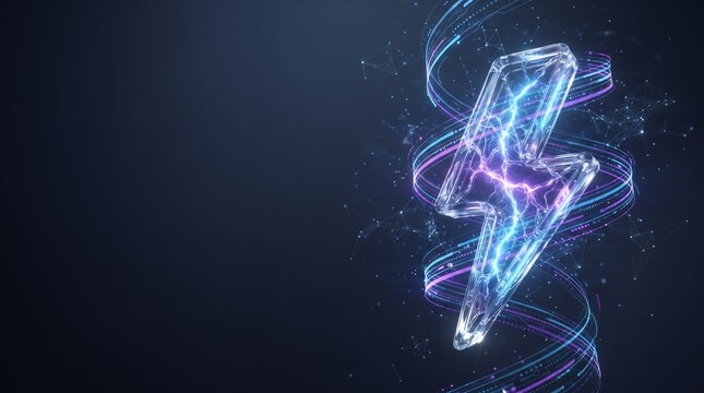 A luminous, glass-like lightning bolt crackles with energy, surrounded by swirling neon light rings on a dark background.