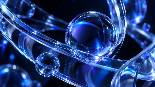 Cybernetic elements of transparent glass and liquid acrylic glow with purple and blue hues, creating a cinematic tech design for three-dimensional rendering.