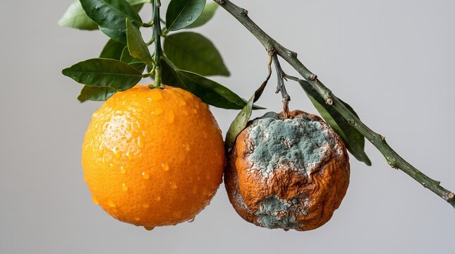 A bright orange sits on a branch next to a dried, moldy, and rotten orange, highlighting the effects of decay on fruit.