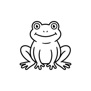 Cute black outline frog character sitting down isolated on transparent background perfect for children books school materials and environmental designs.