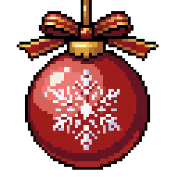 Retro Pixel Art Red Christmas Bauble with Snowflake Pattern and Bow   