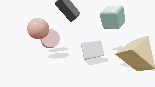 Abstract 3d geometric shapes falling on a white background