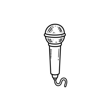 Vintage microphone line art vector illustration featuring classic vocal mic design perfect for music studio branding podcast covers and karaoke event flyers.