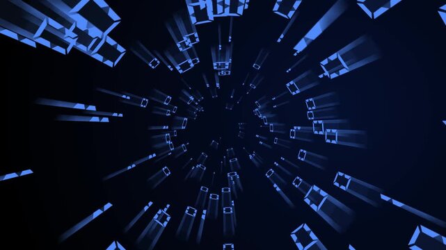 Abstract blue binary code tunnel background, futuristic digital data stream speed, glowing zero and one warp travel concept.