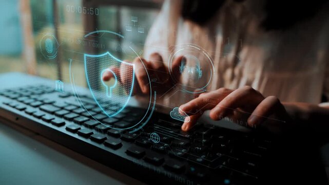 Cyber security interface with biometric and AI-powered protection system. Cyber security secures access, cybersecurity protects identity, cybersecurity detects threats, and defends data. Marrow