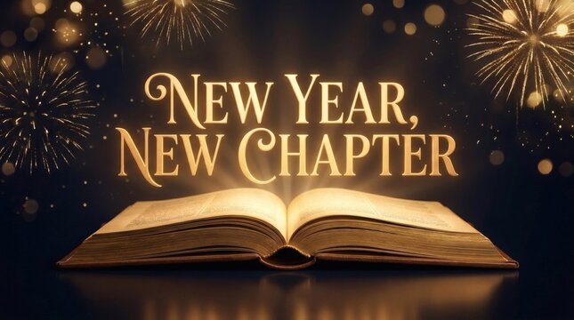 Open book with golden light and New Year New Chapter text with fireworks
