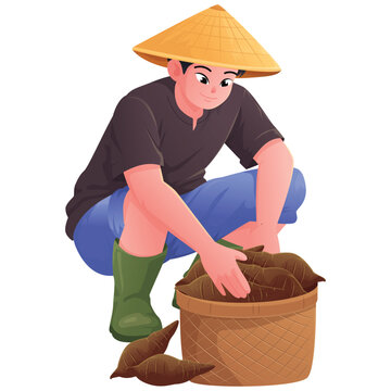 Illustration of a farmer wearing a straw hat and sorting vegetables in a basket, suitable for food day, agriculture, harvest, and farming themes.