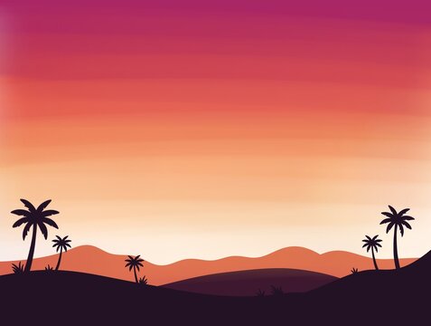 Beautiful vibrant sunset or sunrise tropical landscape illustration with silhouette palm trees and rolling hills in shades of pink, orange, and purple background for design and wallpaper