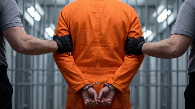 Rear view of a handcuffed prisoner in an orange jumpsuit being escorted by security guards in a prison facility.