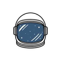 Fototapeta premium Flat vector illustration of a stylized astronaut helmet with a cosmic star field reflection on the visor isolated on a white background