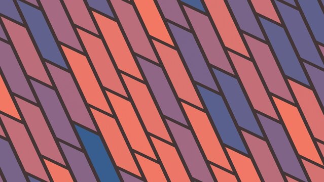 Vibrant coral, purple, and blue diagonal parallelogram tile pattern with dark outlines. Colorful vector art. Perfect for creative branding, posters, and 3D surface mapping.
