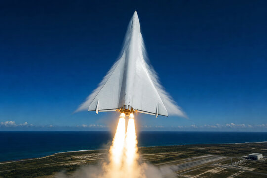 A white delta-winged spaceplane climbs steeply from a runway on brilliant rocket exhaust above a launch facility. Reusable orbital access