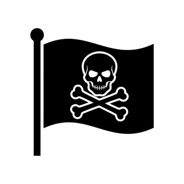 Pirate flag featuring black fabric skull and crossbones symbol for maritime party decorations or historical adventure themes isolated on transparent background.