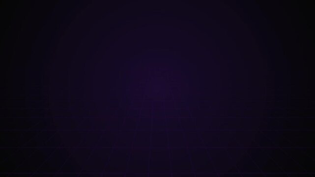 The end text animation featuring glowing neon letters in purple and blue colors over a dark retro grid background designed for video closure and cinematic final credits sequence