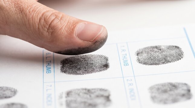Official law enforcement fingerprinting procedure using ink and paper to register biometric data for personal identification.