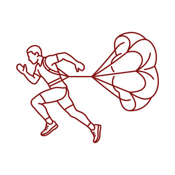 Athlete running with parachute speed training, strength, and endurance