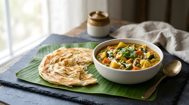 Delicious South Indian Parotta with Vegetable Kurma on Banana Leaf