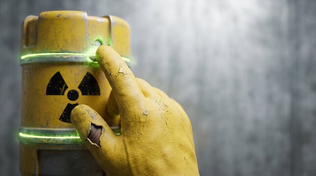 Cracked protective hazmat glove finger pushing an illuminated button on a dangerous radioactive waste container