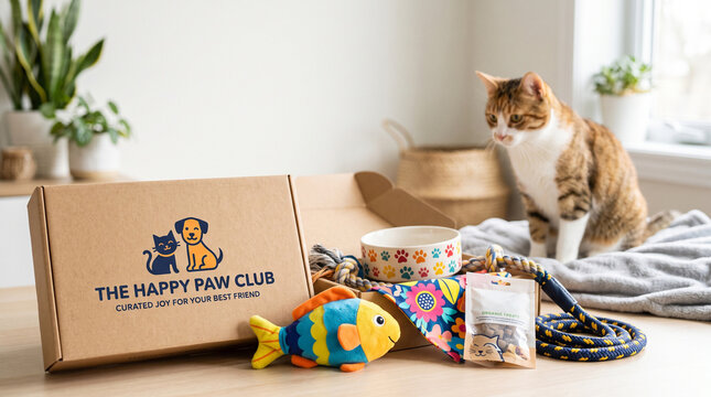 Curious tabby cat observes an open pet subscription box filled with toys, treats, and accessories