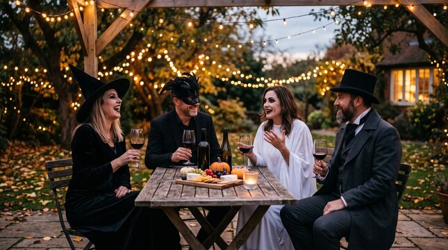Group of friends in Halloween costumes partying outdoors at a dinner table with string lights