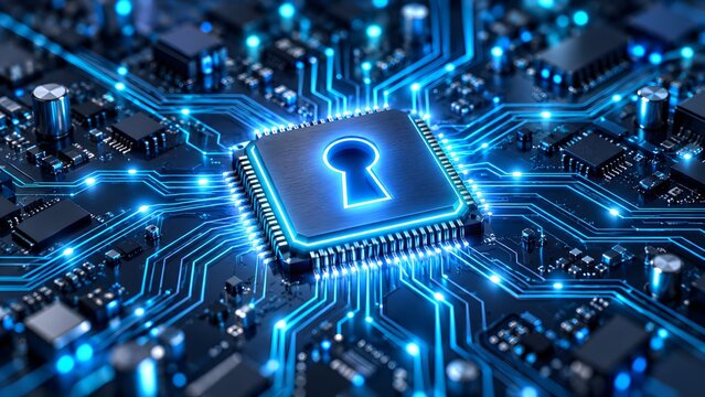 Digital Cyber Security Encryption Concept featuring Glowing Keyhole on Computer Microchip and Circuit Board
