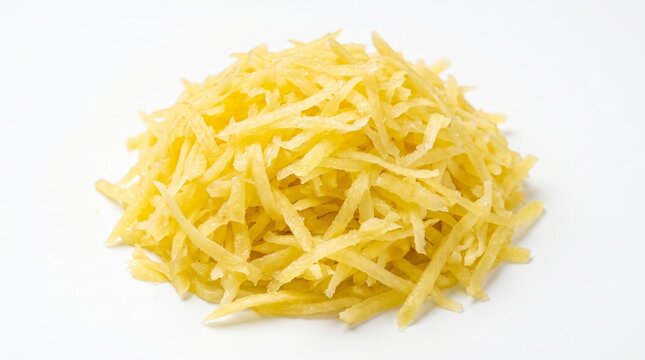 Freshly grated raw potato shreds piled neatly on a clean white background, ready for culinary use