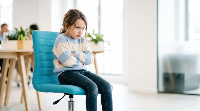 Frustrated Young Girl Pouting with Crossed Arms on Chair in Modern Office