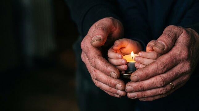 Gentle Adult Hands Protectively Cup a Child's Small Hands Around a Glowing Candle