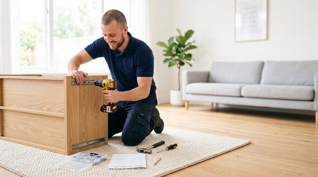 Happy Man Assembling Wooden Chest of Drawers with Electric Drill in Modern Home Living Room