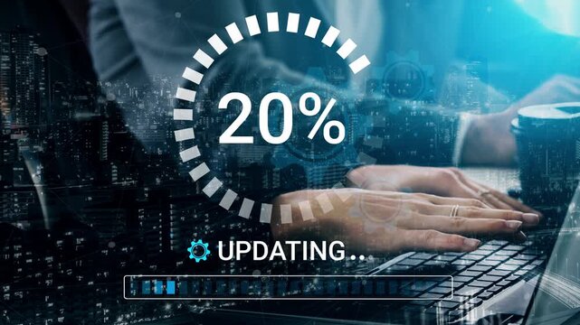 Progress Update Screen with Circular Loader at 66 Percent Completion on Laptop in Office Environment with Cityscape Background. Entropy.
